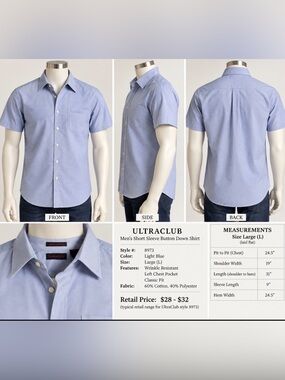 Ultra Club Men’s Light Blue Short Sleeve Button-Down Shirt - Classic Fit, Size L